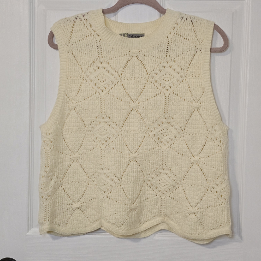 Callie Mac Cream Crochet Diamond Knit Tank Top Scalloped Hem Large